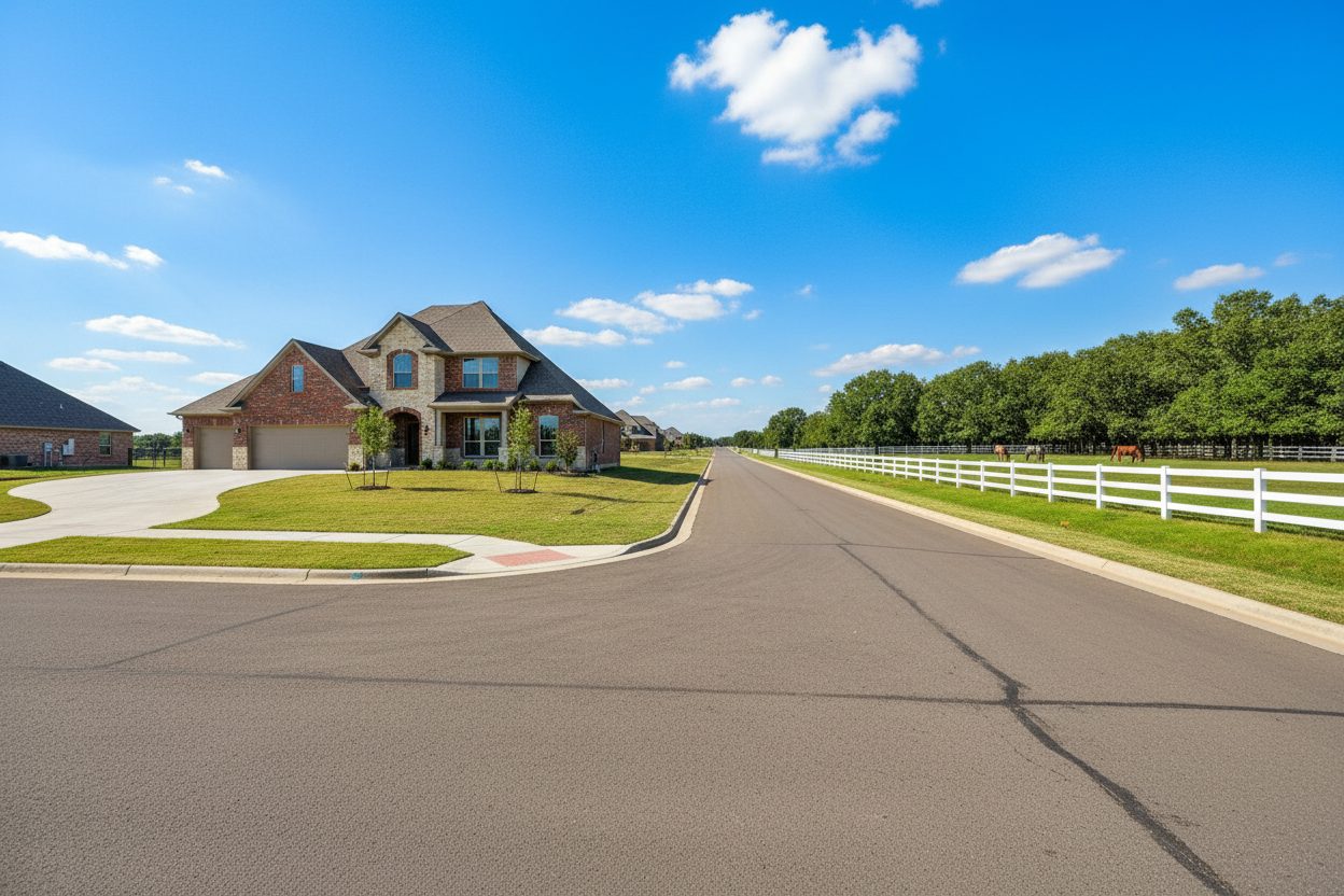 A large-lot Bixby Oklahoma home with a white board fence and pasture along a semi-rural road