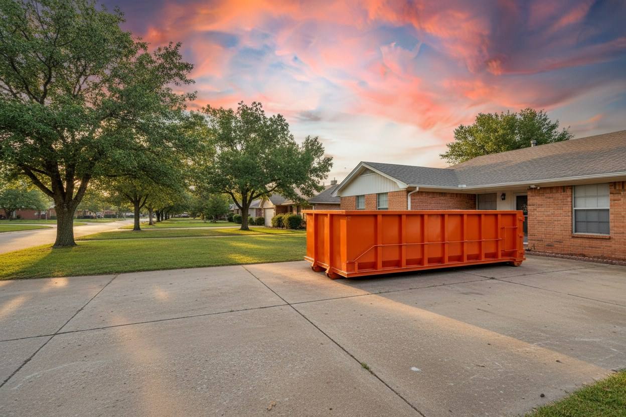An orange roll-off dumpster placed on the driveway of a brick Tulsa home at golden hour
